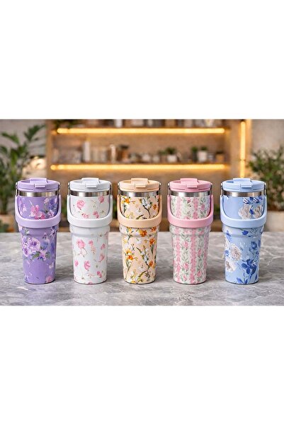 Store 900 Ml Çiçekli Kulplu Çelik Termos Mug Vakumlu Isı Yalıtımlı Sızdırmaz ...