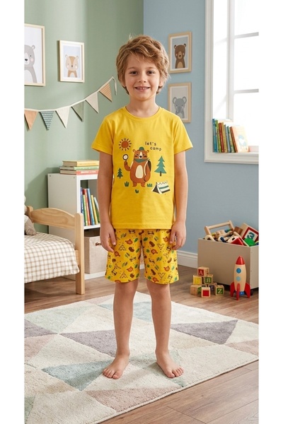 elmas kids Set de pijamale pentru băiat, 100% bumbac, galben, cu ursuleț de p...