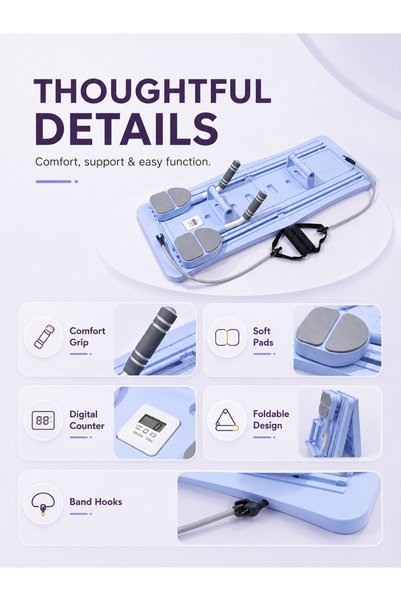 Ehi 4-in-1 Foldable Pilates Board with Resistance Bands, Smart Timer, Push-Up Handles & Anti-Slip Pads, Purple Home Workout Equipment for Core, Full Body Training and Strength Exercise
