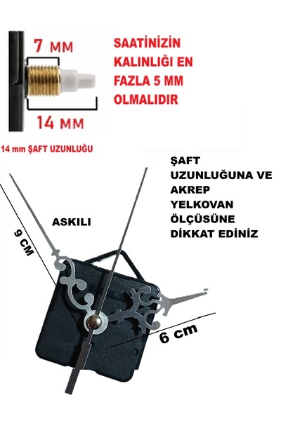 Saat Mekanizması 14 MM ŞAFT BOYU Saat Motoru Sessiz Çalışır Akar Akrep Yelkovan Saniye (ASKILI)