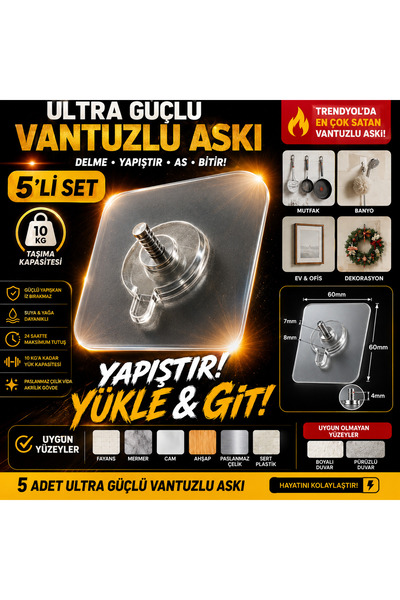 Askılık Butik 5’li Ultra Güçlü Şeffaf Vantuzlu Askı – Delmeden Yapışkanlı Kan...