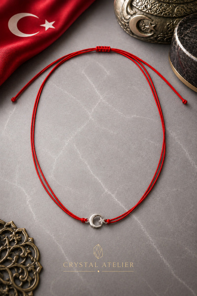 Crystal Atelier Moon Star Red Rope Necklace Adjustable Unisex Turkish Flag Th...