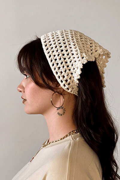 MELUSH Krem Renkli File Model Bandana, El Yapımı Örgü Bandana