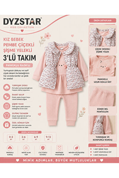 DYZSTAR Kız Bebek Pembe Çiçekli Şişme Yelekli Üçlü Kombin Takım - Tavşan Bask...