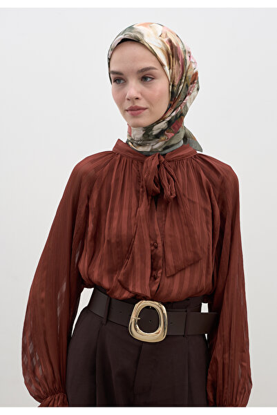 Freshscarfs Χακί Φουλάρι από βαμβάκι και βισκόζη με φλοράλ σχέδιο Midnight