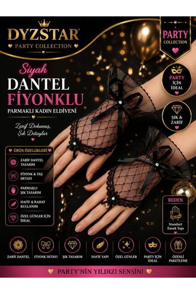 DYZSTAR Siyah Dantel Fiyonklu Parmaklı Kadın Eldiveni – Parti & Etkinlik Akse...