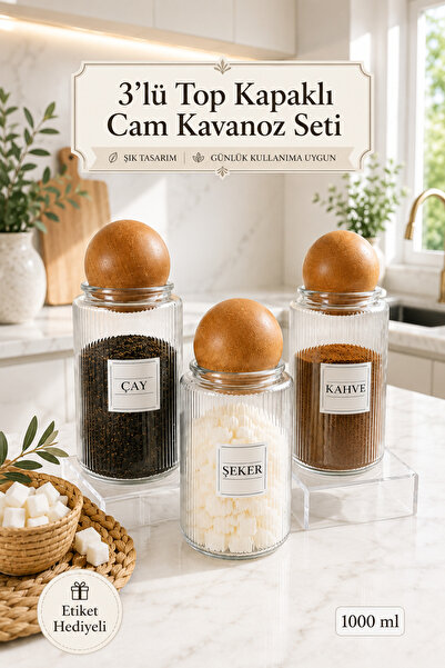 Lizzy 3'lü Ahşap TOP Kapaklı Çay Şeker Kahve Tuz Kavanozu Cam 1000 ML