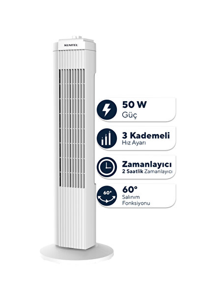 KUMTEL KTF-258W Kule Tipi Beyaz Vantilatör – 50W, Zaman Ayarlı, 3 Hız Kademel...