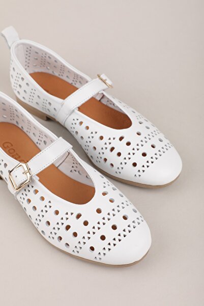 Gondol Women's Genuine Leather Daily Perforated Strap Ballerinas Hl.24500 White
