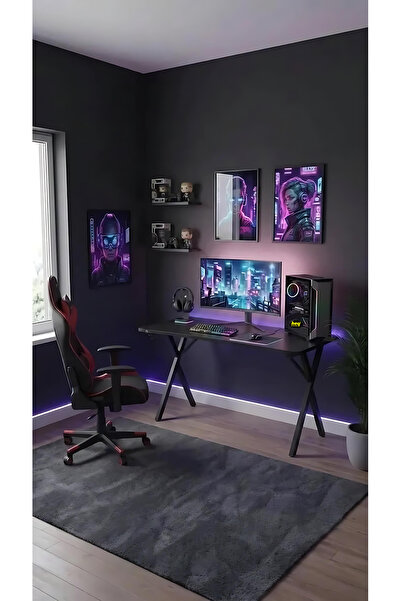 hey modüler mobilya 120 cm Gaming Profesyonel Oyuncu Masası Siyah Tabla, Siyah Metal Ayaklı Hey Gaming