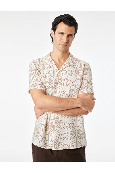 Koton Regular Fit Viscose Turn-Down Collar Short Sleeve Palm Tree Patterned S...