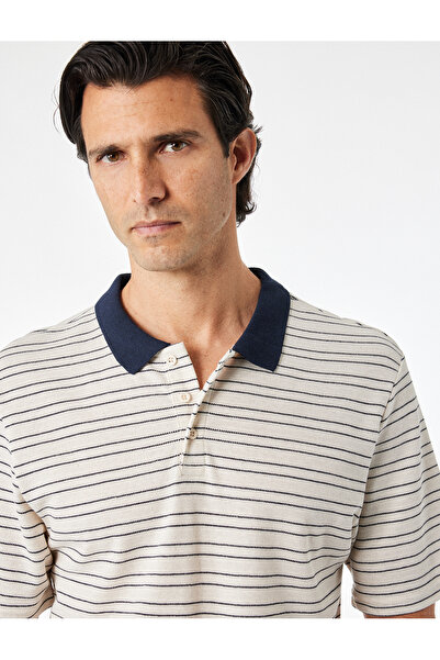 Koton Cotton Linen Blend Short Sleeve Striped Buttoned Color Contrast Polo Co...