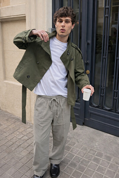 DAMGA JEANS Men's Trend Low Waist Loose Stone Linen Trousers