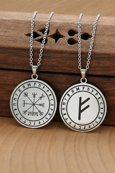 Sihirli Titreşimler Fehu Ve Vegvisir Rune Paslanmaz Çelik Çift Taraflı Kolye