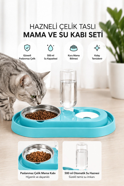 Miapet Çelik Taslı Hazneli Kedi-köpek Mama Ve Su Kabı Seti 500ml Turkuaz