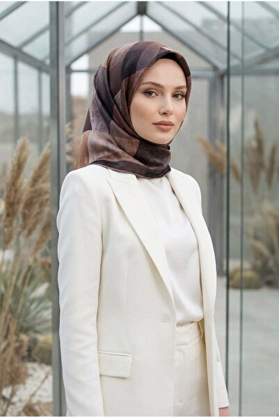 Vissona % 57 İPEK % 43 VİSKON Twill İpek Geometrik Desenli Soğan Kabuğu - Bej...