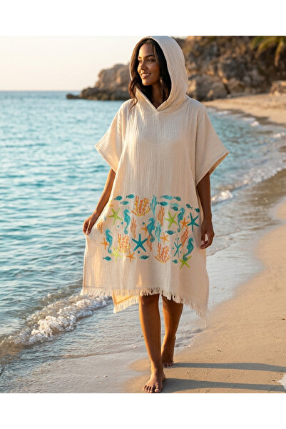 Luppio Kapüşonlu Beachwear %100 Pamuklu Desenli Plaj Panço