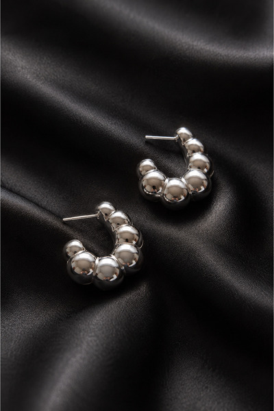 Sylvera Shop Bead Form Hoop Earrings – Modern Style (Silver Color)