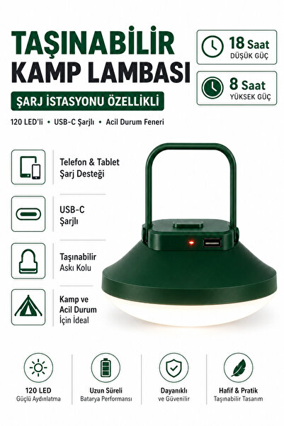 Ecuy Taşınabilir Kamp Lambası & Şarj İstasyonu 120 LED’li Işık USB-C Şarjlı A...