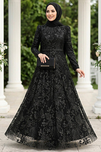 Neva Style Boncuk İşlemeli Siyah Tesettür Abiye Elbise 22662S