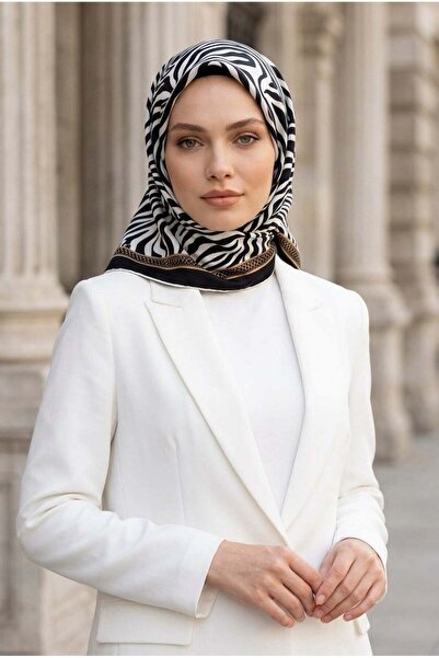 Vissona %100 Twill İpek Zebra Desenli Siyah - Krem Renkli 90x90 Eşarp Dikim Ş...