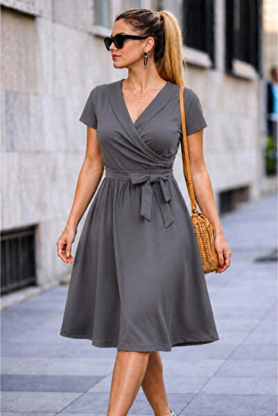 Generic Brand Women's Short Sleeve Collared Waist Belted Short Janjan Crepe S...