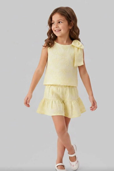 Kidmark Çocuk Modası طقم أصفر للفتيات مع شورت مزين بشريط