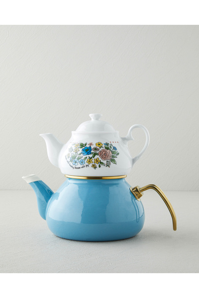 English Home Lively Porselen Emaye Çaydanlık 0,85 + 2,2 L Mavi