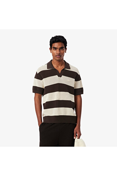 Lacoste Erkek Classic Fit Kısa Kollu Polo Yaka Çizgili Kahverengi Triko
