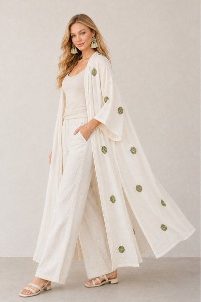 QYMOS PRIVE Ecru Ethnic Patterned Long Kimono – Linen, Belted, Summer Casual Stylish Soft Textured Kimono Kaftan Pareo