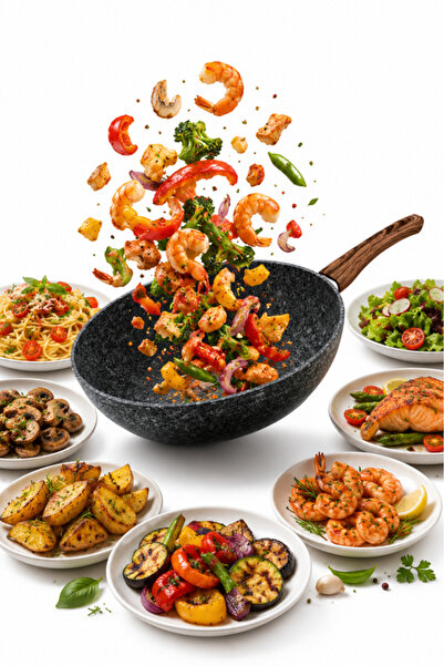 Kamille Tigaie Wok, 32 cm, Aluminiu turnat, Invelis Granit, Tigaie adanca Wok...