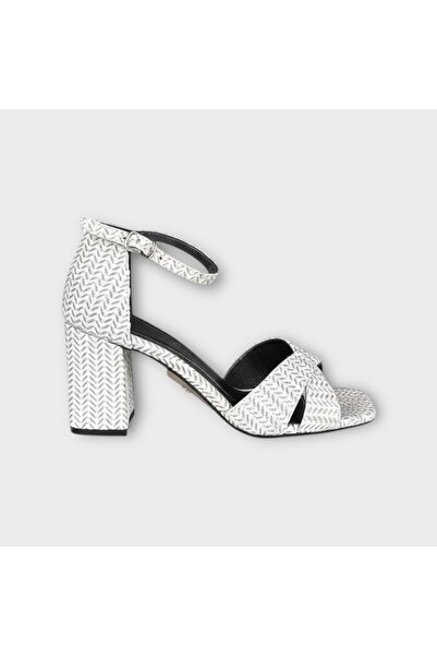 Hayati Arman Women's Ankle Buckle Thick Heeled Evening Dress Shoes White Glitter