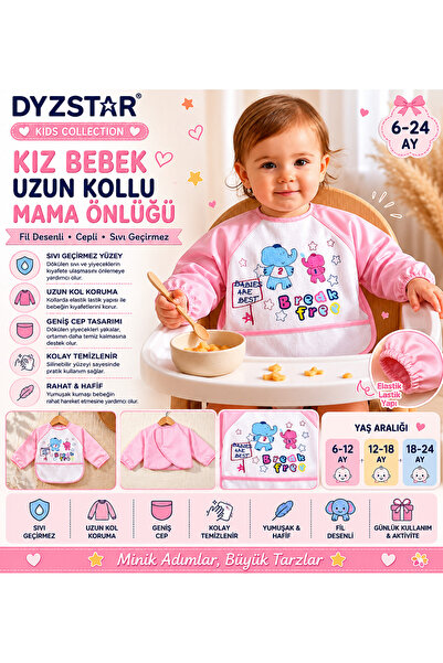 DYZSTAR Baby Girl Pink Long Sleeve Liquid-Proof Pocketed Feeding Bib Elephant...