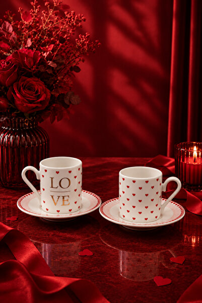 YzHome 2 Kişilik Porselen Love Kalp Kahve Fincan Takımı Seti Kalpli 90ml