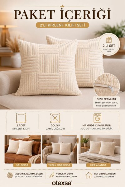 OTEXSA Embossed Patterned Soft Textured Decorative Throw Pillow Cover Set of 2 Cream Color Modern Pillowcase