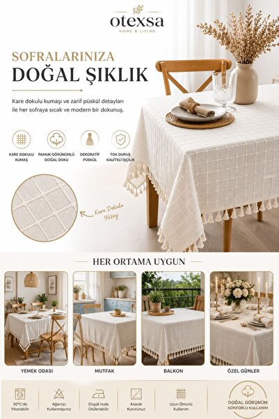 OTEXSA Cotton Linen Square Patterned Tassel Tablecloth Stylish Modern Design