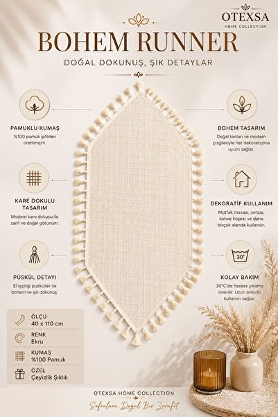 OTEXSA Tasseled Bohemian Triangle Runner Square Textured Decorative Tablecloth Ecru