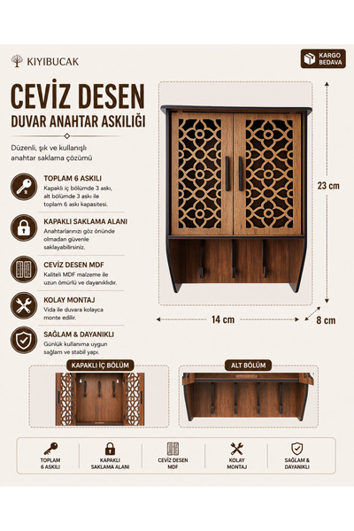 KıyıBucak Ceviz Desen Mdf Duvar Anahtar Askılığı