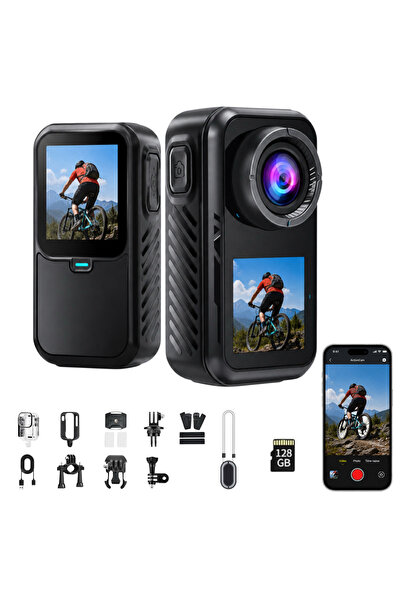 FAMIFY Camera sport 5K Ultra HD, Dual Screen, WiFi, Stabilizare 6 axe, Unghi ...