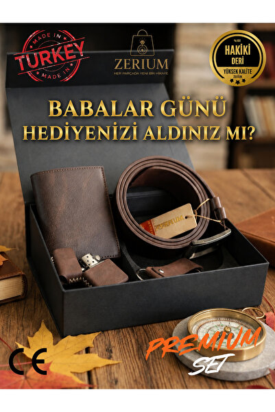 ZERİUM Hakiki Deri Erkek Hediye Seti - Cüzdan Kemer Çakmak Anahtarlık (Presti...