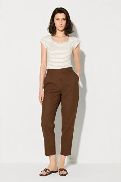 Gusto Elastic Waist Carrot Cut Linen Trousers - Brown