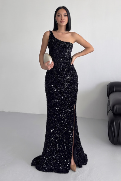ALFUDO Moda Collection Φόρεμα με βελούδινη μαύρη παγιέτα