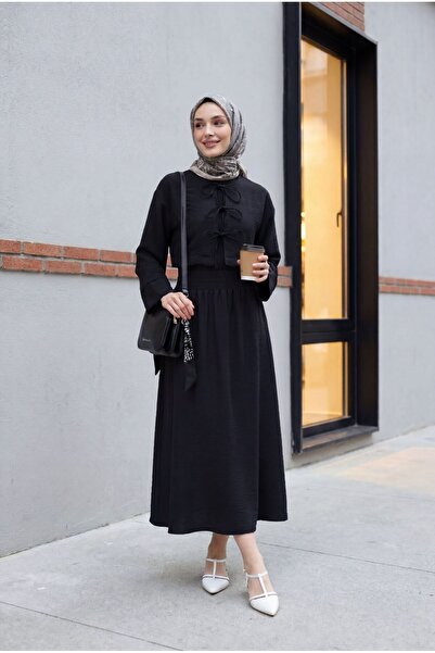 HİJABAYA Costum cu aspect de in, cu dantelă în față și fustă cu talie elastică