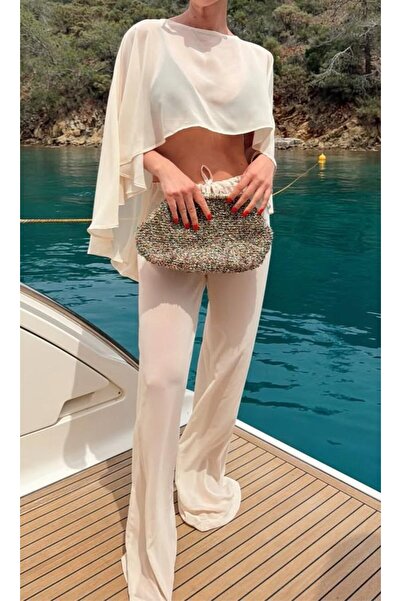 HerTon Chiffon Cape Blouse Pants Set