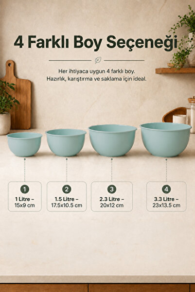 Vienev 4'lü Karıştırma Ve Hazırlama Kabı Seti Mint - 1L 1.5L 2.3L 3.3L
