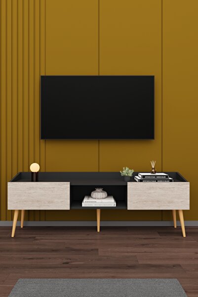 asratrend Modern TV Ünitesi %100 MDF Kapaklı Ahşap Ayaklı Televizyon Sehpası T28