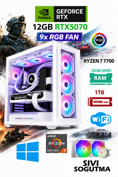 Dmc N337 Windows 11 Ryzen 7 7700 32GB DDR5,1TB M.2 SSD 12GB RTX5070 Sıvı Soğu...