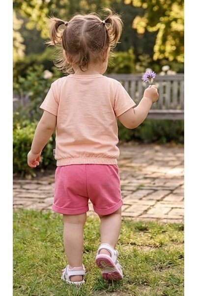 minitix Girl's Printed Bow T-Shirt Shorts Combed Cotton Casual Top and Bottom Set