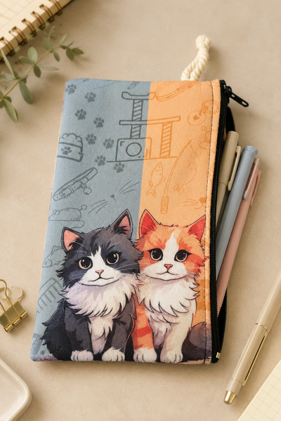 Anime Marketi School Pencil Holder or Makeup Bag with Sweet Double Cats Design
