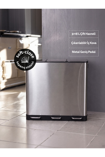 5FIVE Ariane 3*18 L Metal Pedallı Çöp Kovası, Üç Bölmeli, Paslanmaz Gövde, Ko...